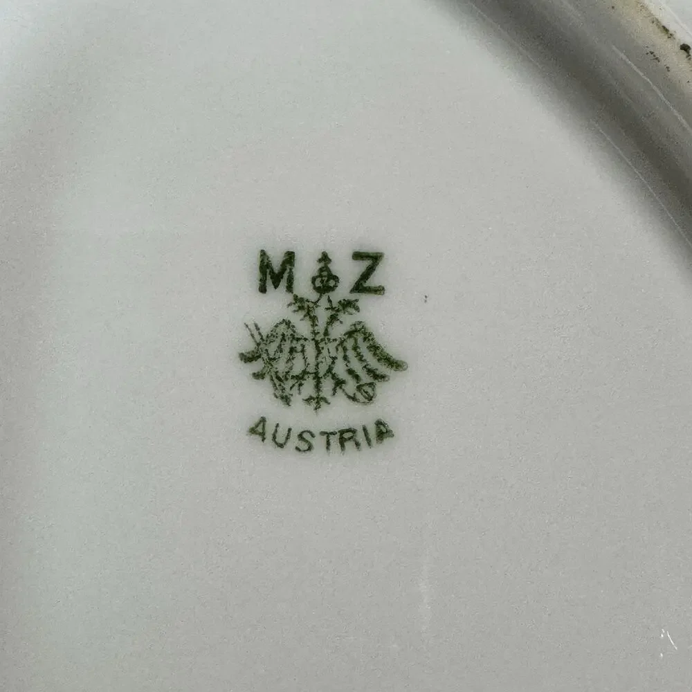 Antique M&Z Austria Hand Painted Pink Rose Cake Plate Gold Gilt Tray Handled